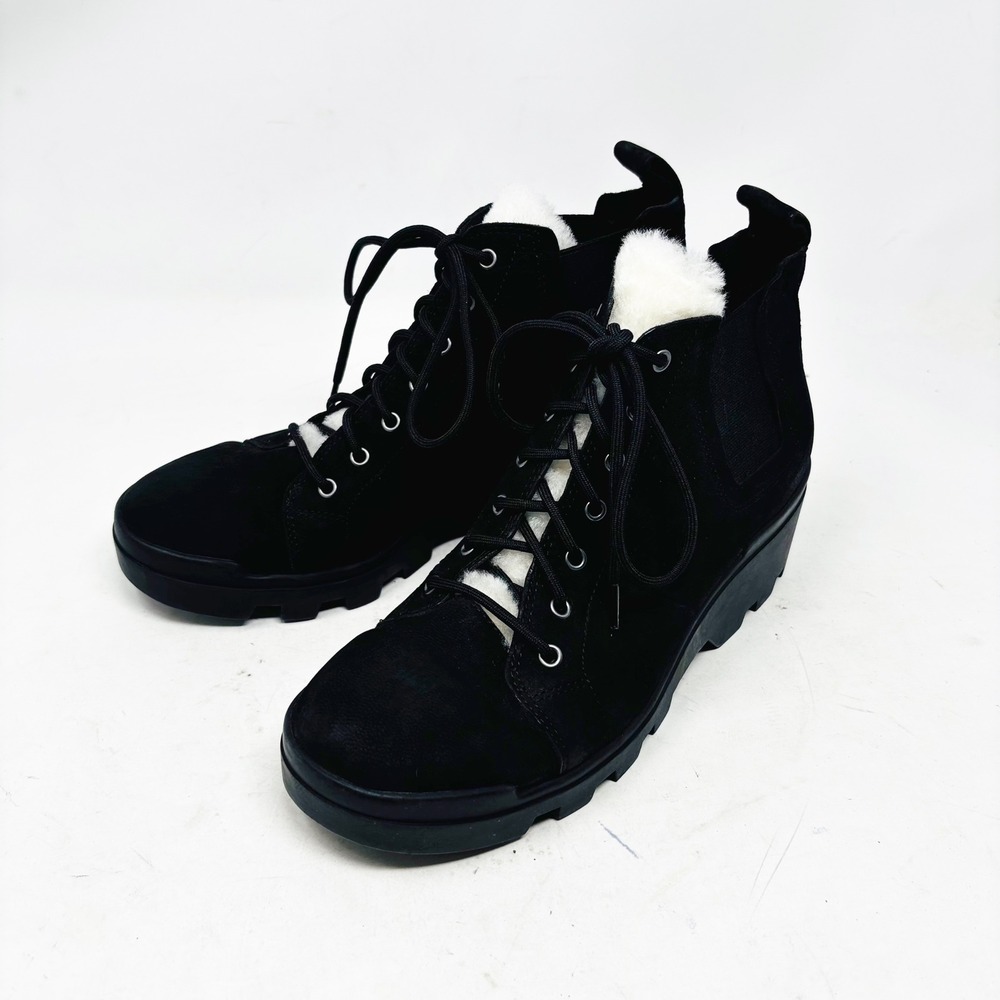 Eileen Fisher Black Suede Lamb Sherpa Fur Lace Up Boots Womens Size 7‎ - Picture 11 of 11